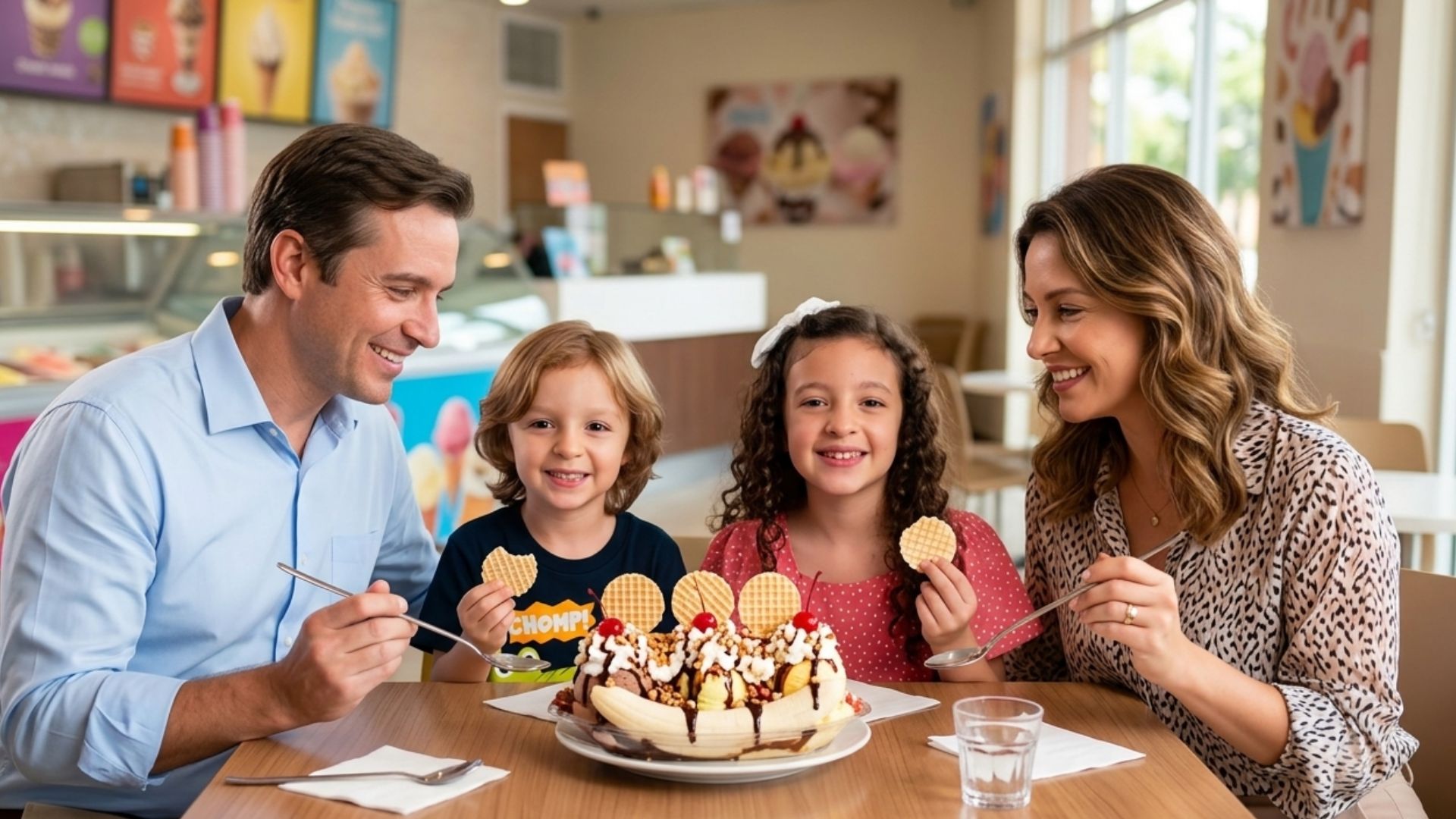 Familia feliz compartiendo una banana split clásica, uno de los más populares postres en Honduras en Helados Sarita de Mall Premier.