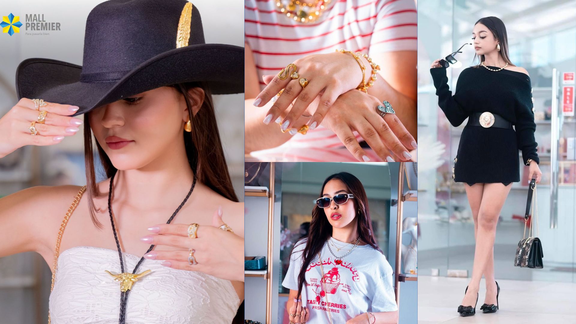 Detalle de sombreros, anillos dorados, collares, gafas de sol y bolsos de la tienda AR-Accesorios en Mall Premier Catacamas.