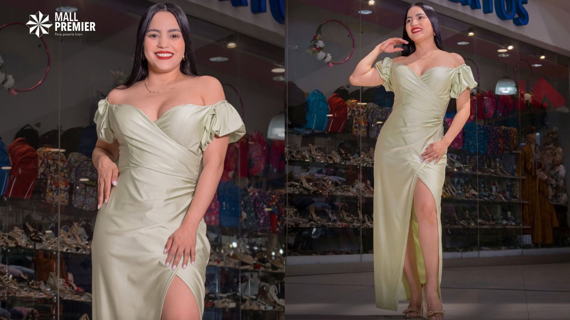 Mujer sonriente luciendo un elegante vestido largo de gala en tono verde oliva de la tienda Cielos Abiertos en Mall Premier Tegucigalpa.