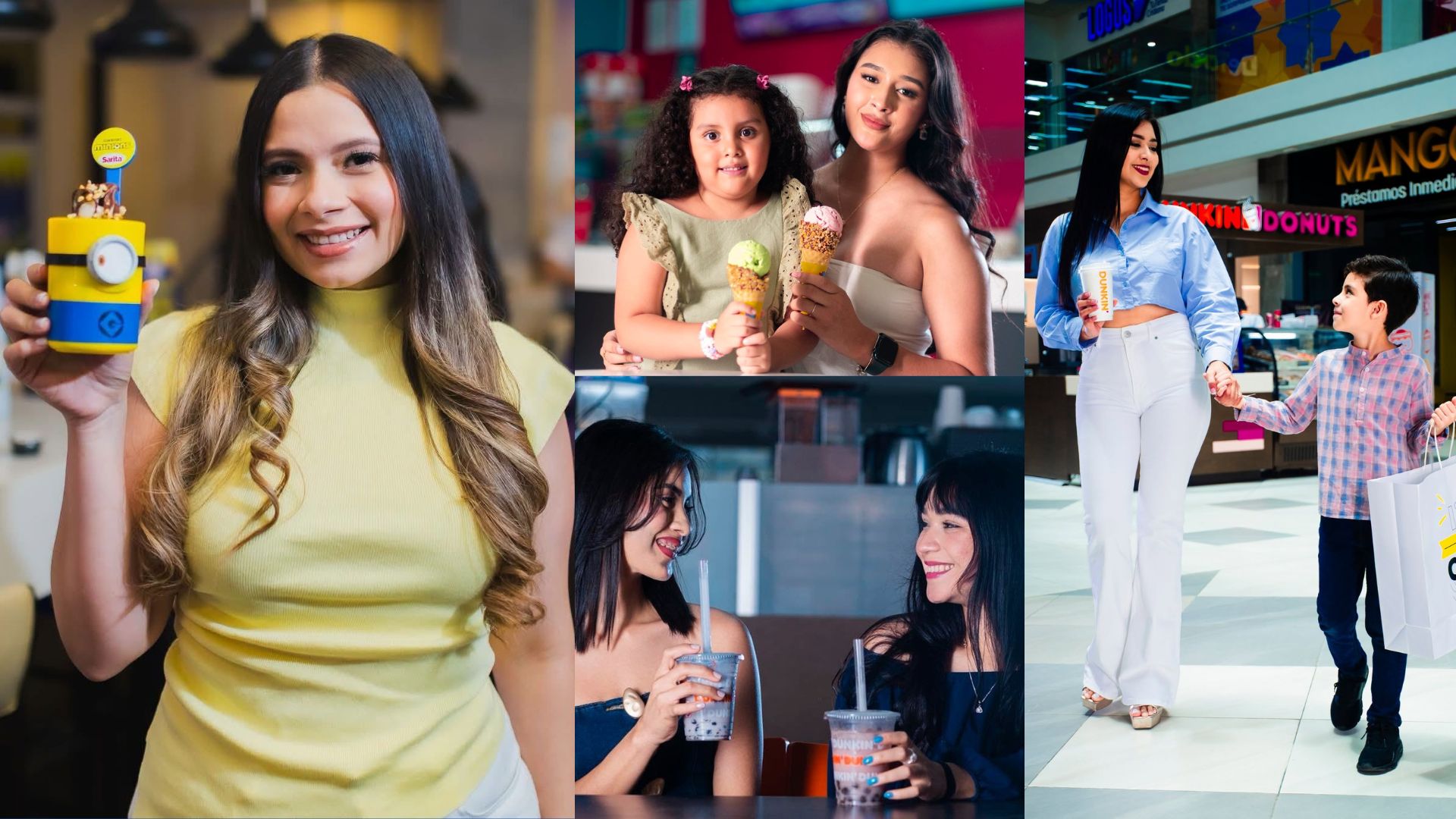 Familias y amigas disfrutando helados, bebidas frías y momentos de compras en la plaza comercial de Mall Premier.