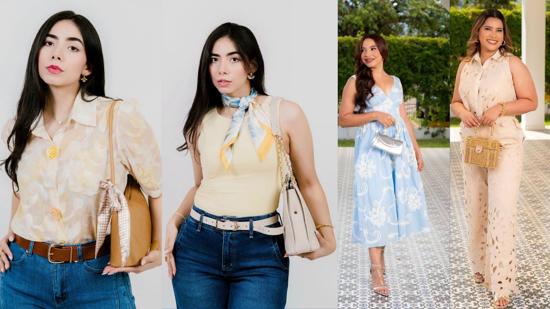 Cuatro estilos de moda femenina con vestidos frescos, blusas en tonos pasteles, pañuelos y bolsos de Boutique Cristy y Boutique Andressas.