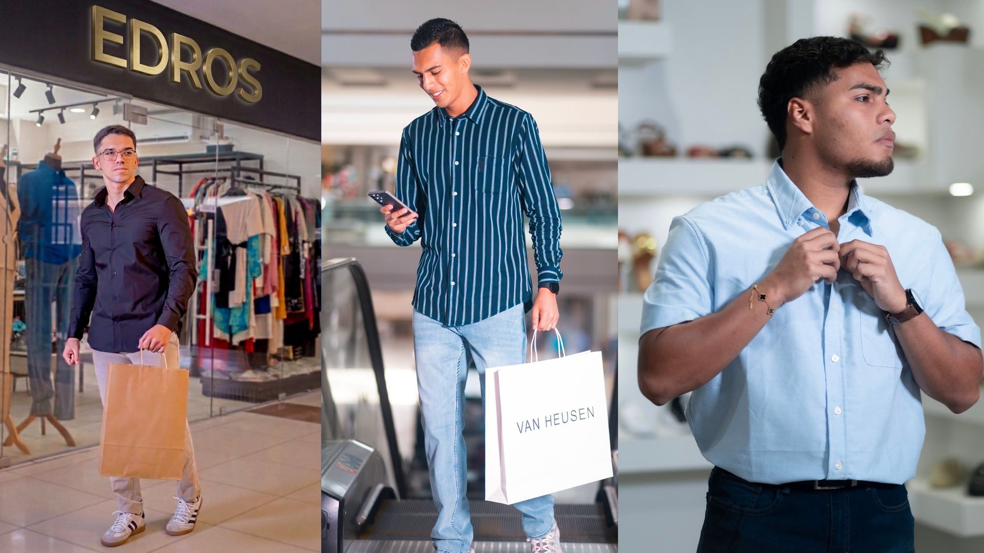 Hombres vistiendo camisas casuales y de vestir, sosteniendo bolsas de compras en tiendas EDROS, Van Heusen y Cracco.