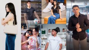 Collage de jóvenes mostrando tendencias de ropa, calzado deportivo y accesorios en tiendas de Mall Premier.