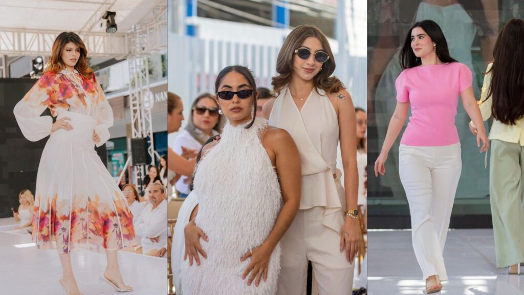 Modelos en pasarela y street style luciendo tendencias de moda: vestido floral, conjunto de plumas blanco y outfit rosa con blanco