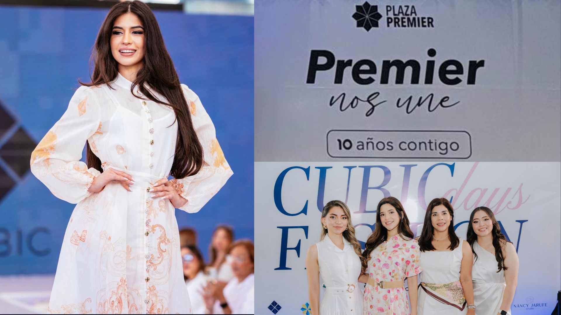 Modelo en pasarela con vestido floral blanco en el evento Cubic Fashion, campaña Premier "10 años contigo"