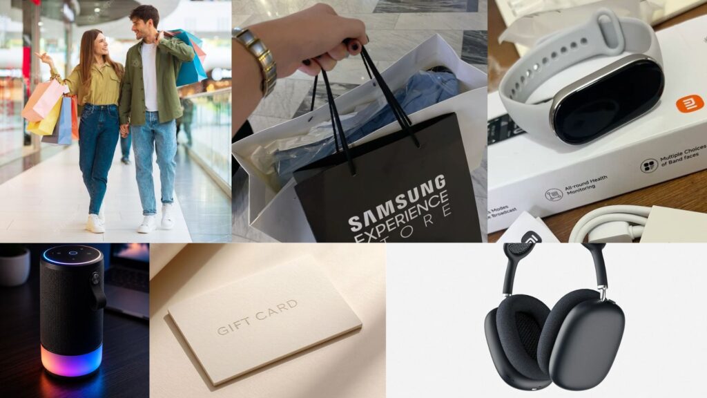 Collage de premios del sorteo en Plaza Premier: pareja con bolsas de compras, bolsa Samsung Experience Store, smartwatch, altavoz inteligente, tarjeta de regalo y audífonos inalámbricos