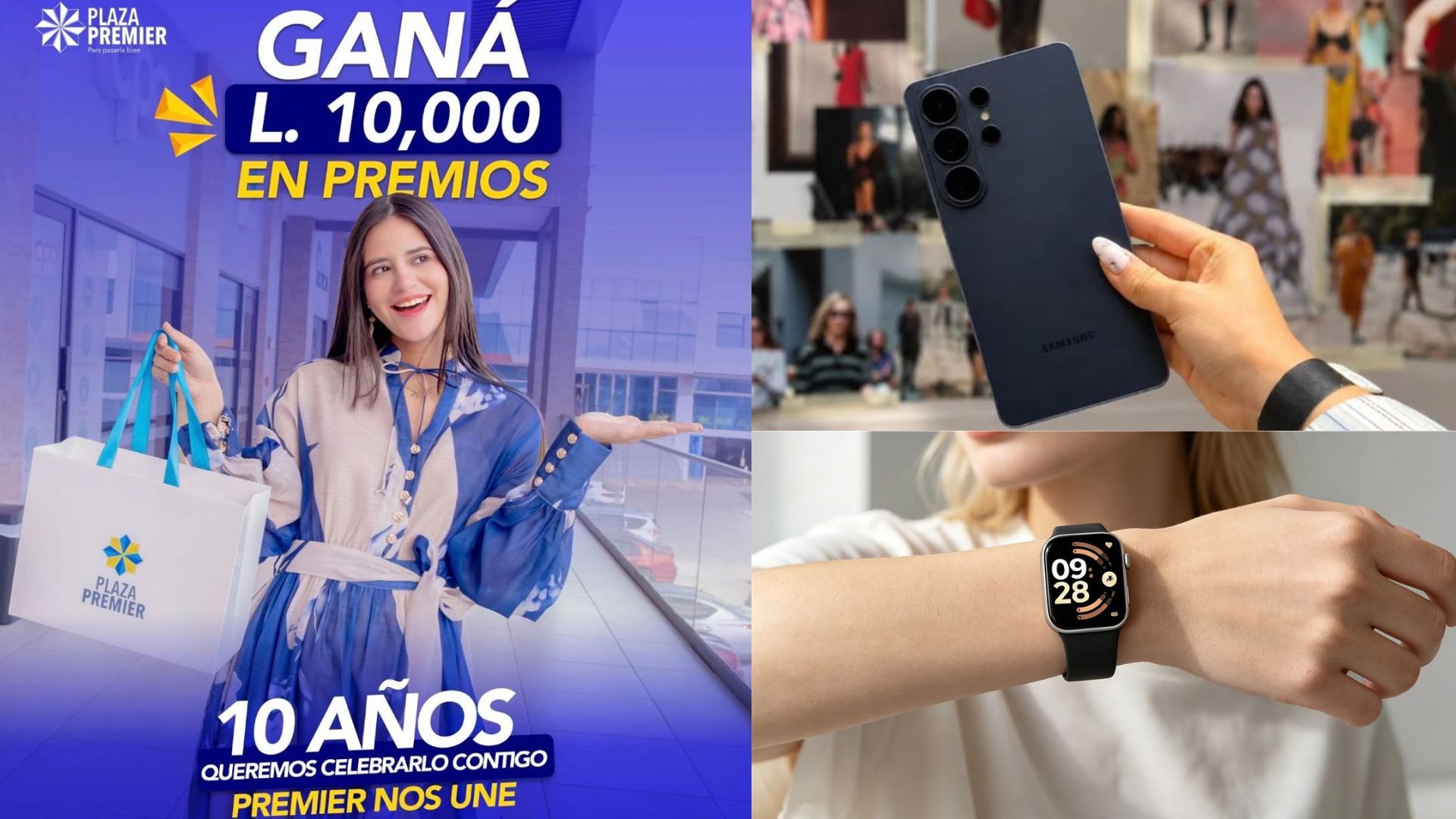 Mujer sonriente con bolsas de Plaza Premier promocionando sorteo de L.10,000 en premios por el décimo aniversario, junto a smartphone y smartwatch de premio