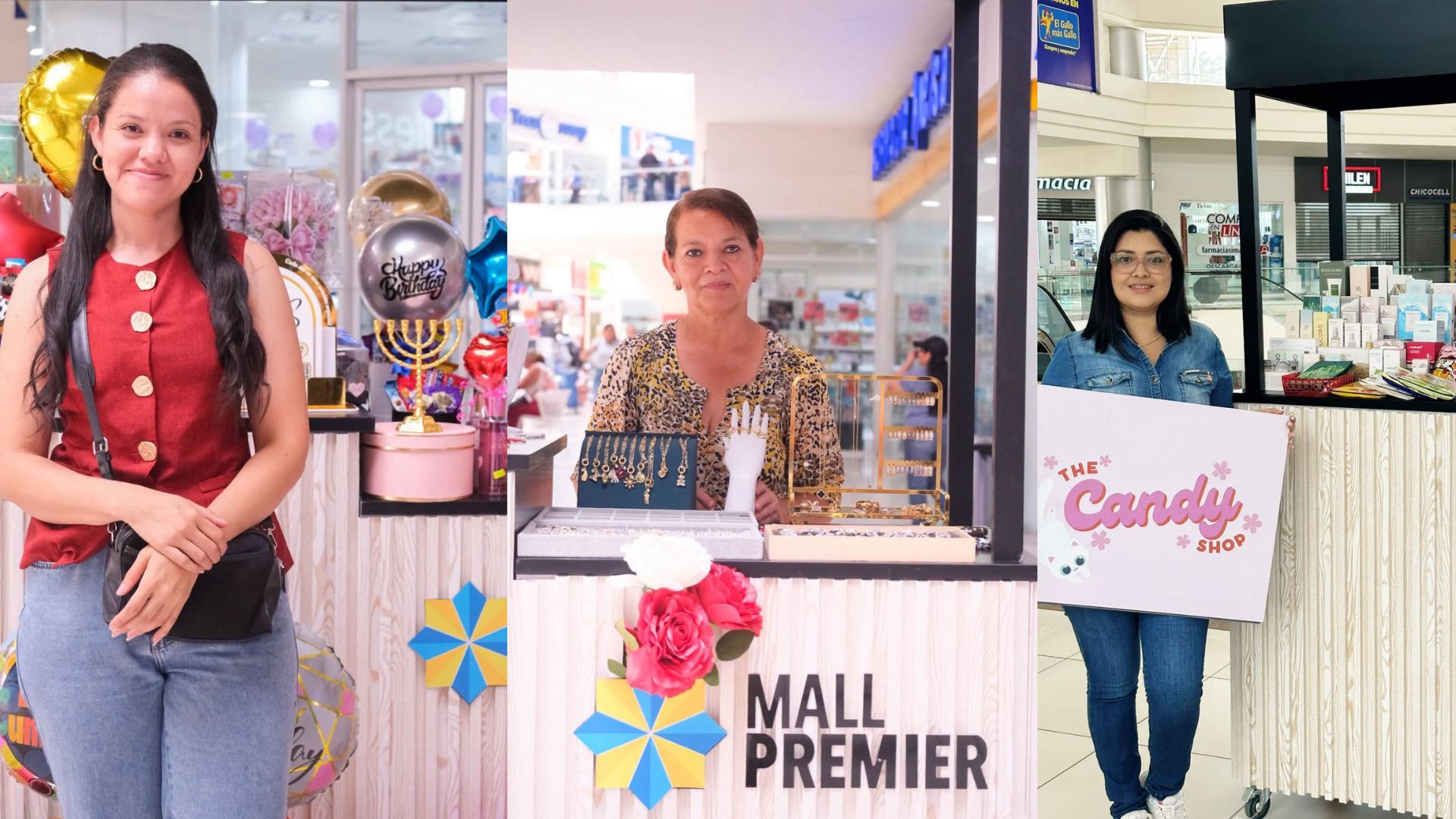 Emprendedoras en puestos de dulces, joyas y detalles en Mall Premier Tegucigalpa.