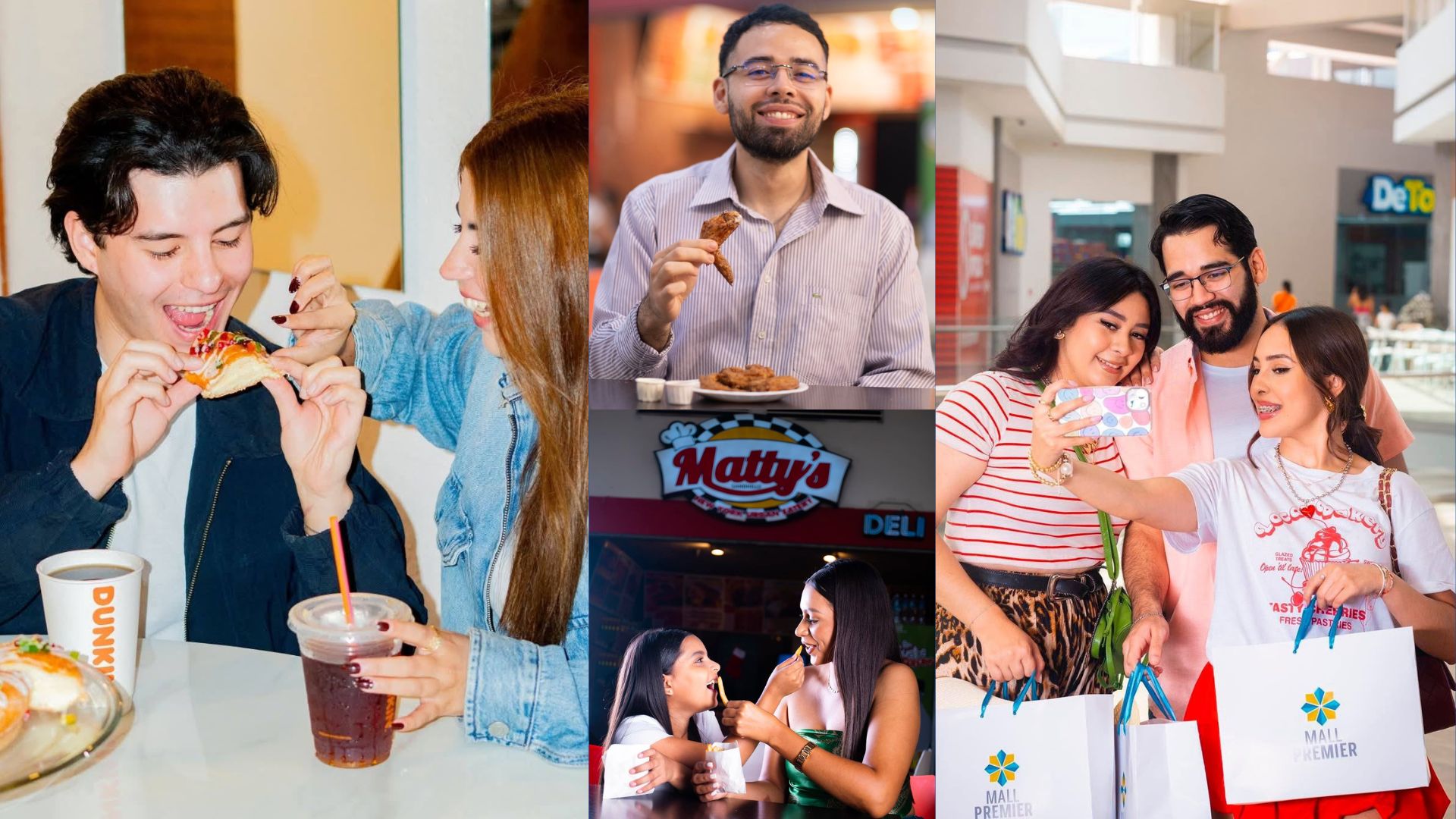Collage de visitantes disfrutando gastronomía en Matty's y Dunkin y compras en familia en Mall Premier