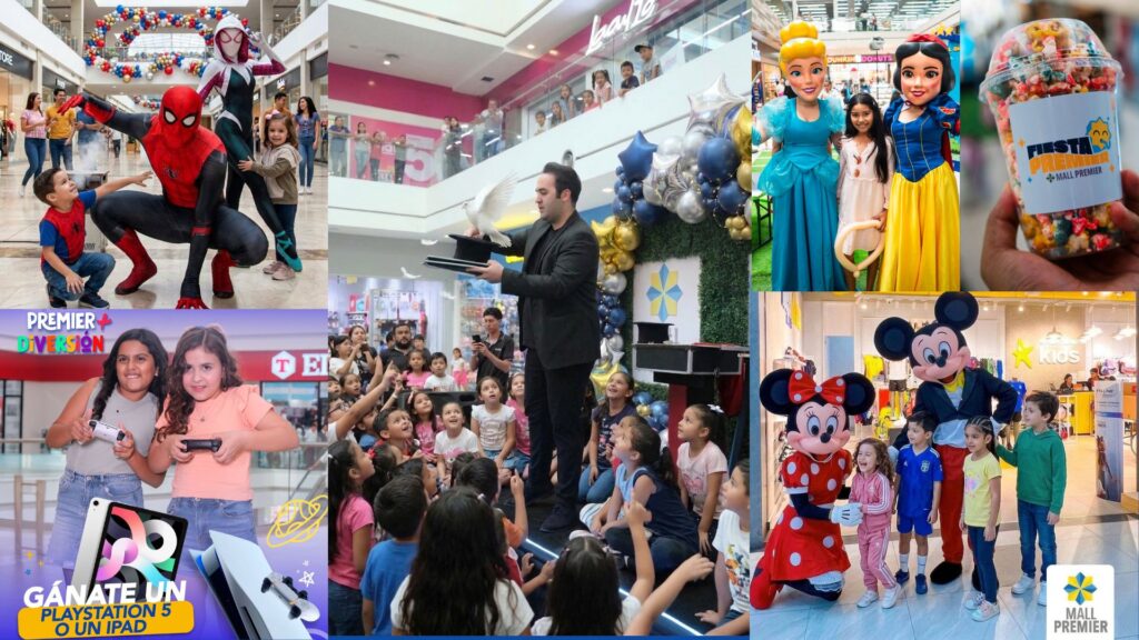 Niños disfrutando de magos, superhéroes y princesas en la celebración del Día del Niño en Mall Premier.