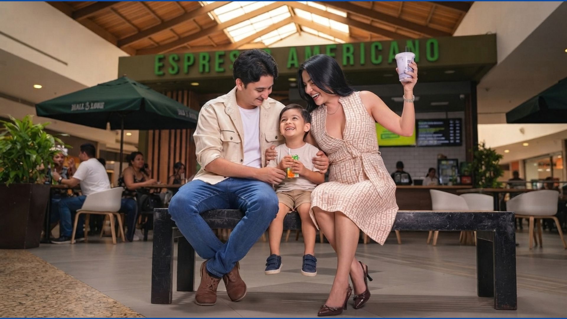 Padres y su hijo disfrutando un café y postre en las instalaciones de Mall Premier.