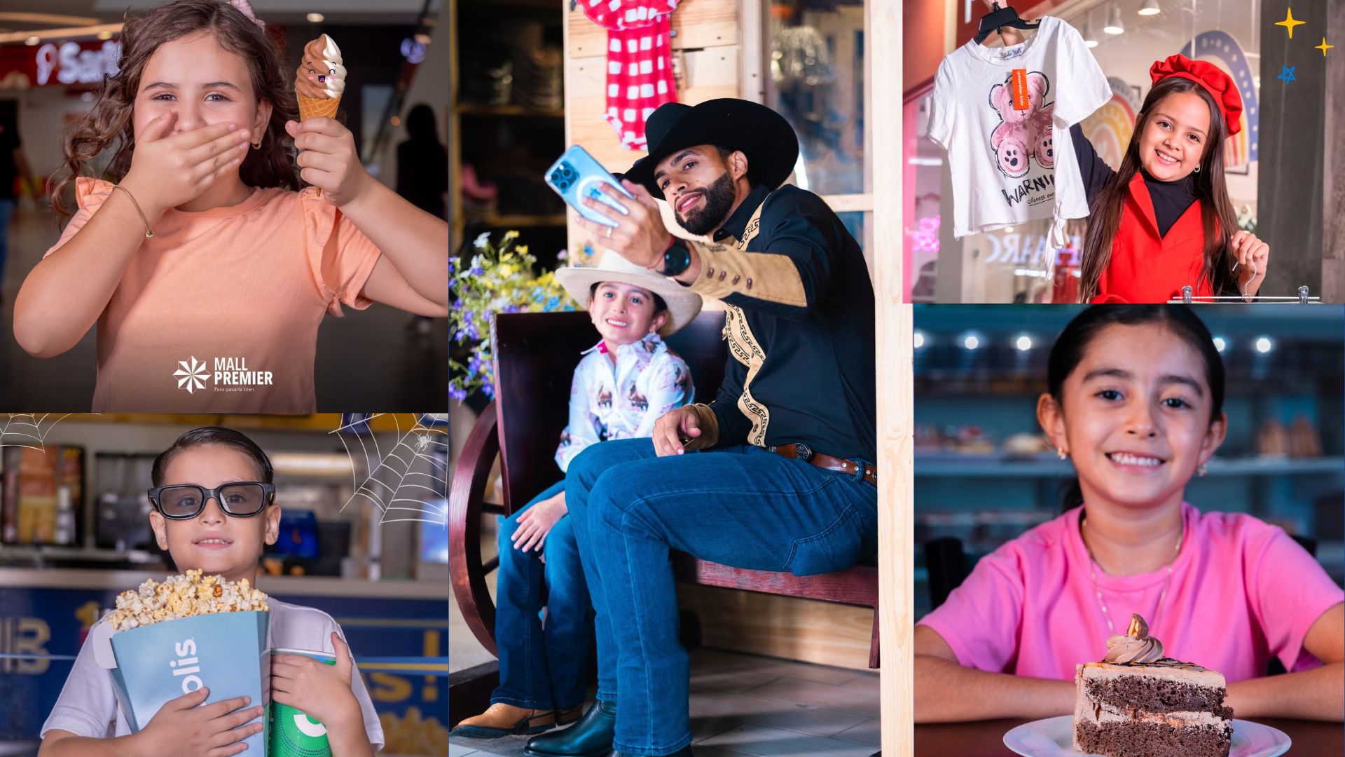 Collage de niños disfrutando de helados, cine, trajes típicos y momentos divertidos en Mall Premier.