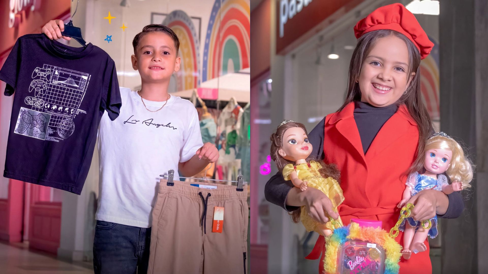 Niños mostrando juguetes y ropa ideal para el plan perfecto de fin de semana para niños de Pasarela Kinds ubicada en Mall Premier Tegucigalpa.