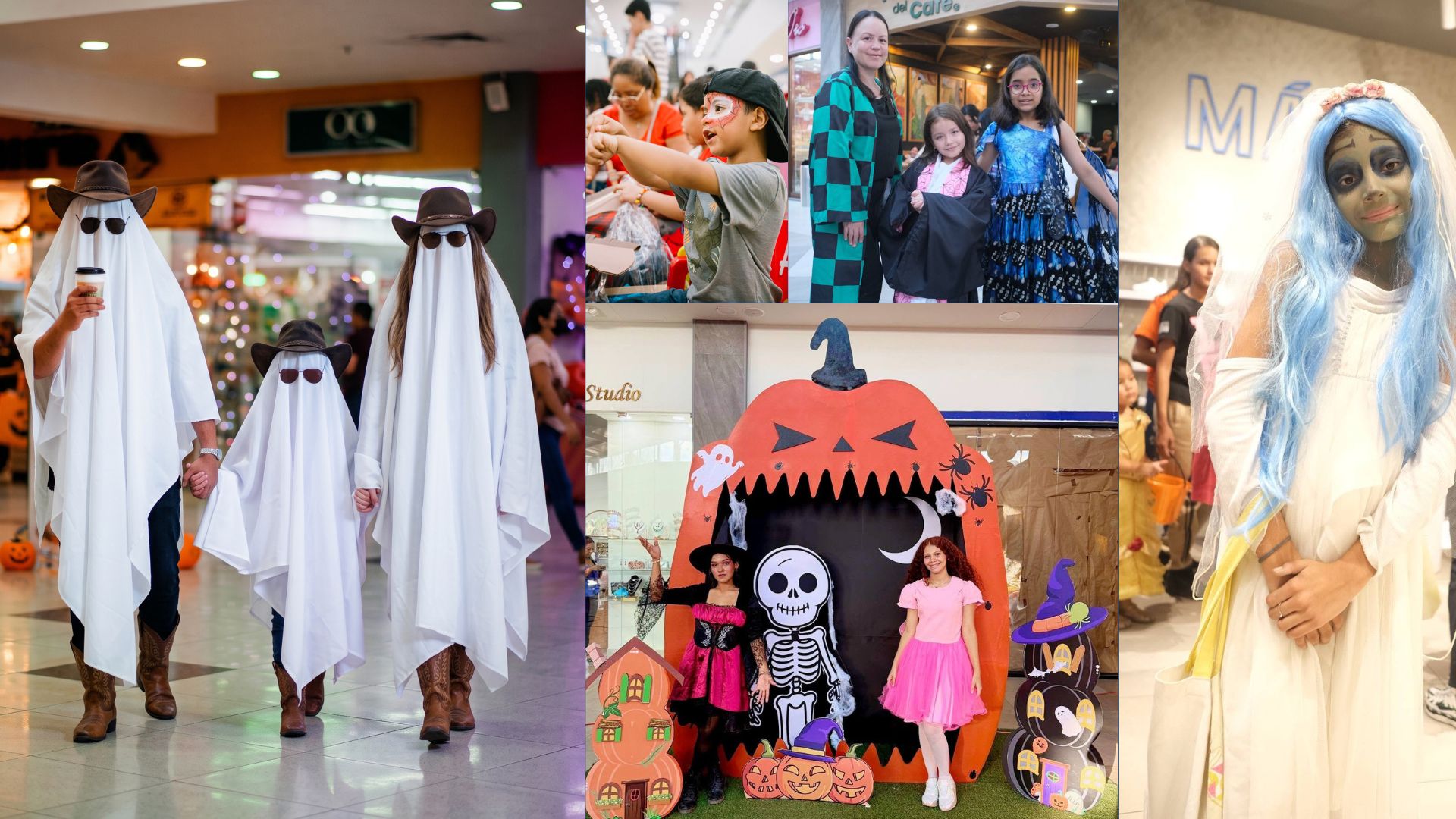 Familias y personajes temáticos recorriendo la búsqueda de dulces en Honduras en Mall Premier Catacamas.